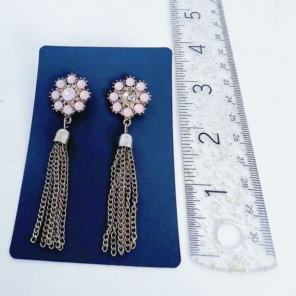 Pink Flower Earrings Gold Tassel Dangling Boho Chic - Picture 3 of 4